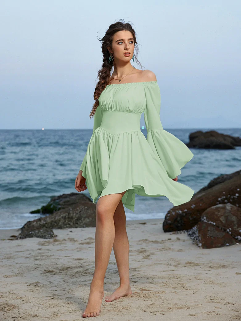 Renaissance Irregular Hem Off Shoulder Pockets Dress - Image 60