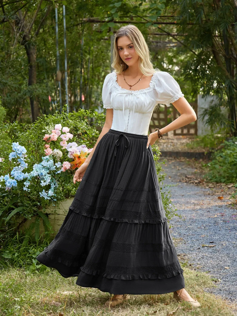 Renaissance Bohemian Vacation Maxi Skirt with Pockets - Image 9