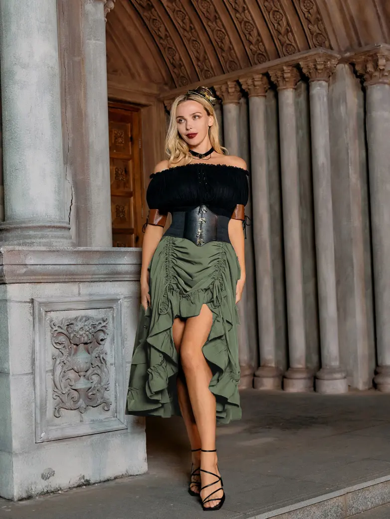Length Adjustable Elastic Waist Ruffle Cake Maxi Skirt - Image 77
