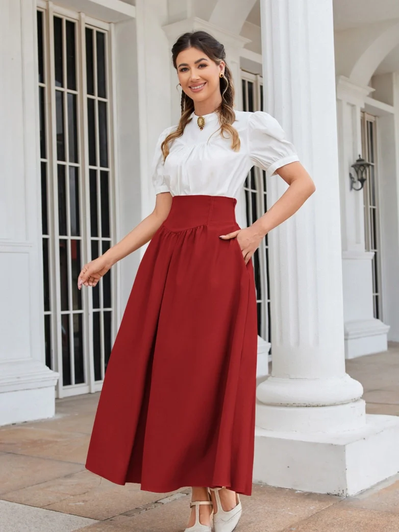 Renaissance Elastic Waist Swing Skirt with Pockets - Image 49