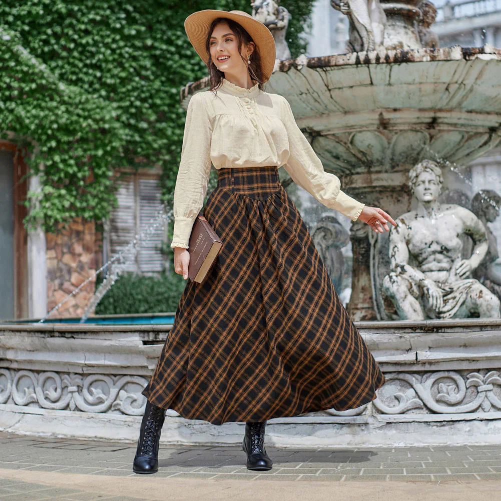 Women Renaissance Elastic Plaided Swing Skirt - Image 2