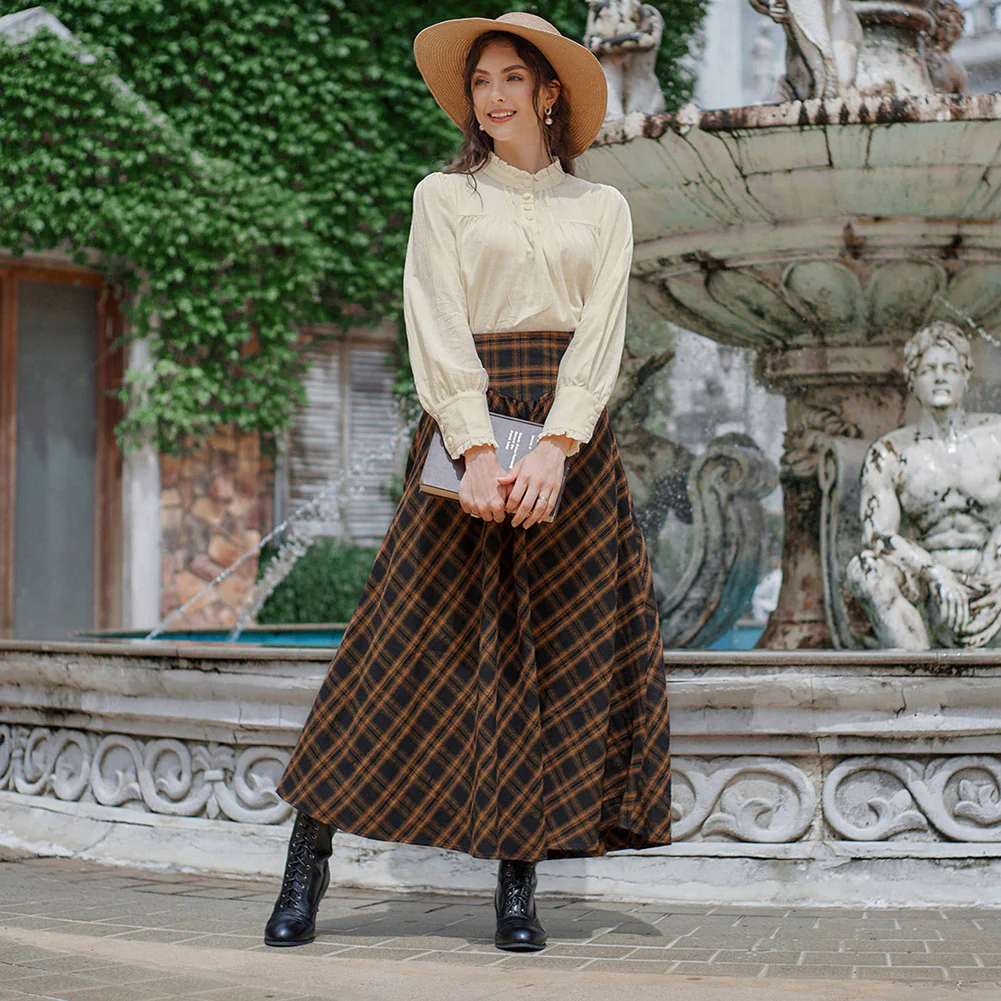 Women Renaissance Elastic Plaided Swing Skirt - Image 3