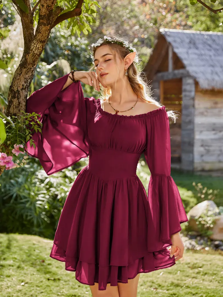 Fairy Awakening: Renaissance Off Shoulder Chiffon Dress - Image 34