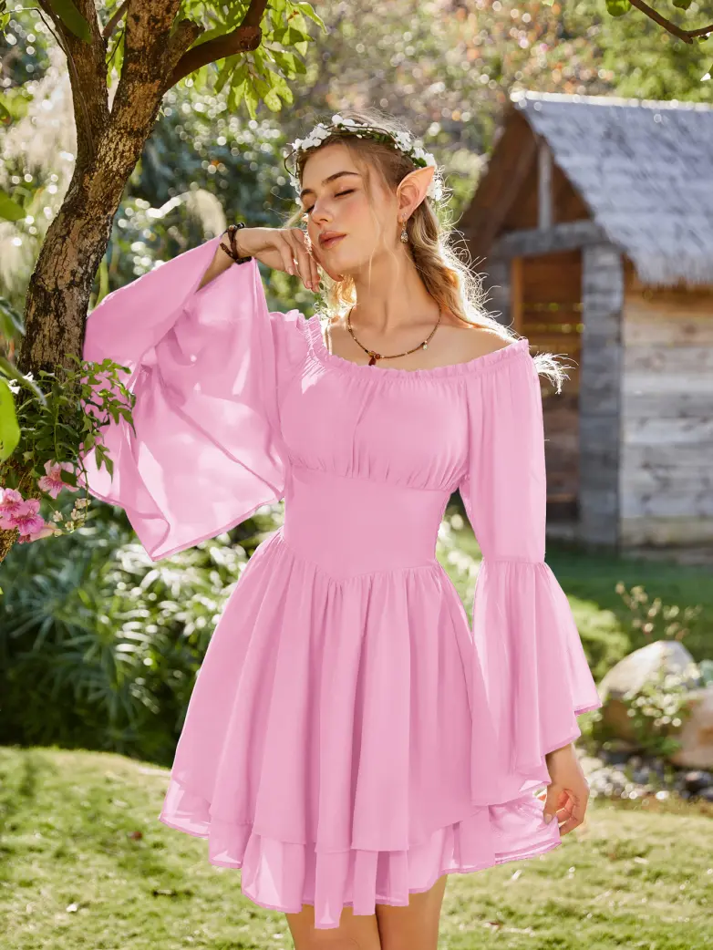Fairy Awakening: Renaissance Off Shoulder Chiffon Dress - Image 45