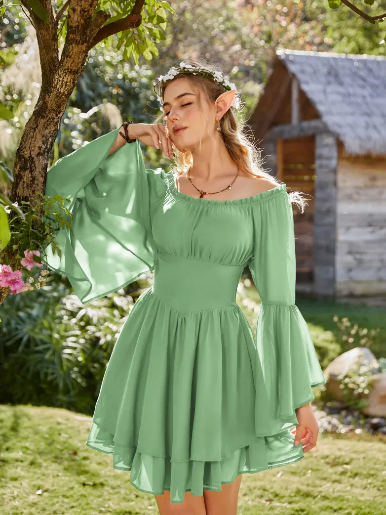 Fairy Awakening: Renaissance Off Shoulder Chiffon Dress - Image 49