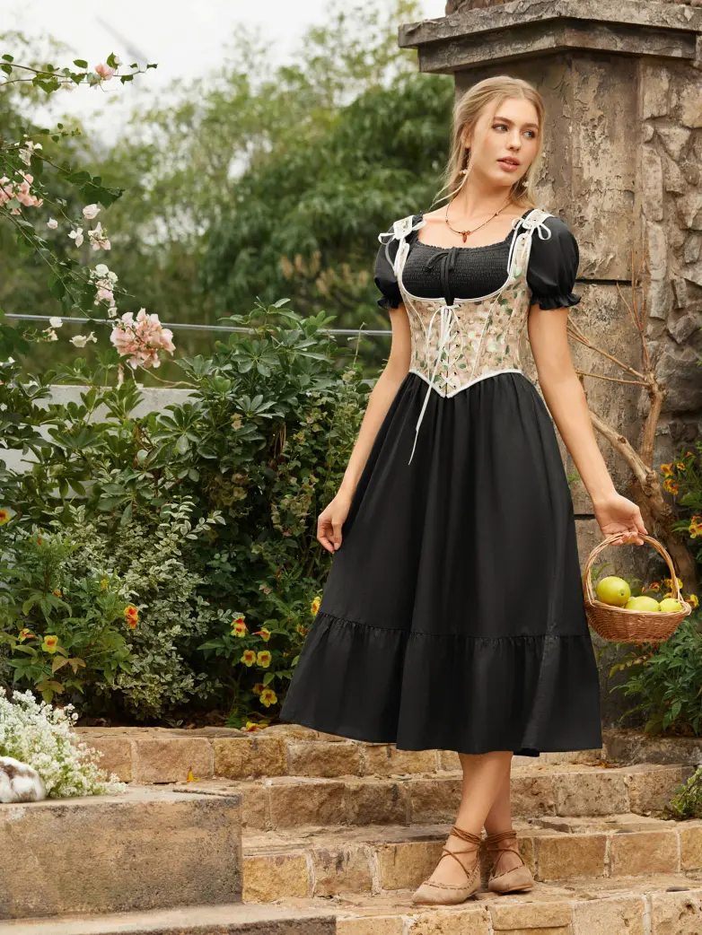 Renaissance Off Shoulder Cotton Pockets Dress - Image 11