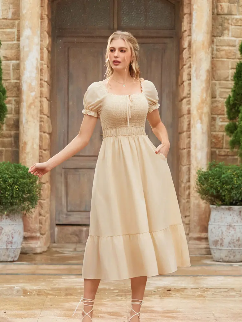 Renaissance Off Shoulder Cotton Pockets Dress - Image 4