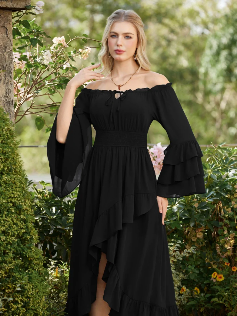Women Renaissance Off Shoulder High-Lo Pocket Dress - Image 2