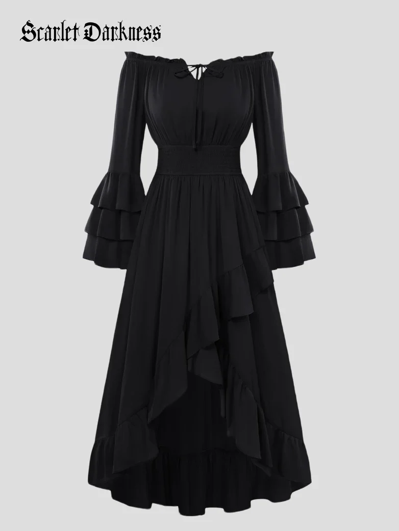 Women Renaissance Off Shoulder High-Lo Pocket Dress - Image 3