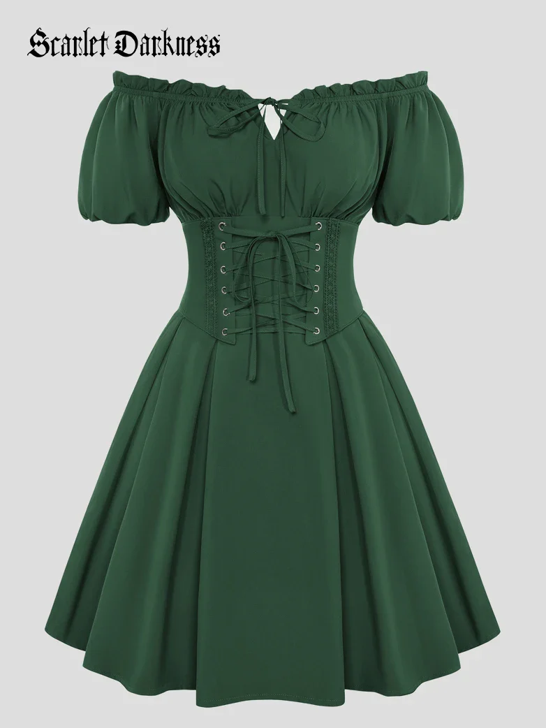 Renaissance Off Shoulder Waist Belt Pockets Dress - Image 11