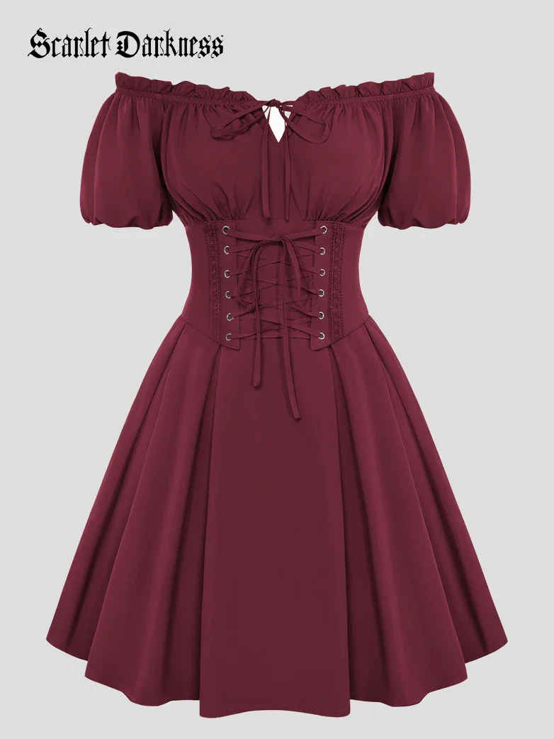 Renaissance Off Shoulder Waist Belt Pockets Dress - Image 17
