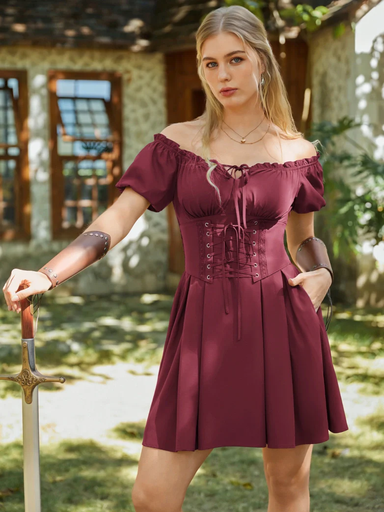 Renaissance Off Shoulder Waist Belt Pockets Dress - Image 18