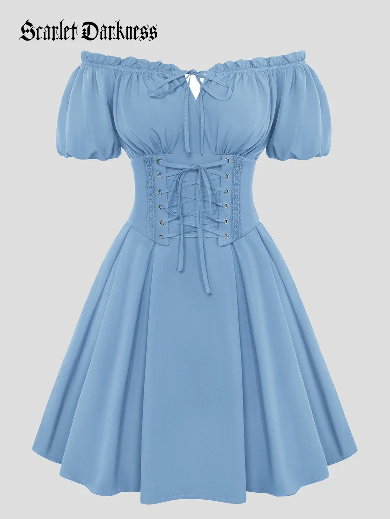 Renaissance Off Shoulder Waist Belt Pockets Dress - Image 22