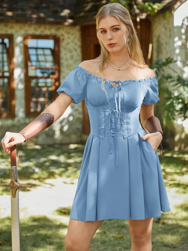 Renaissance Off Shoulder Waist Belt Pockets Dress - Image 23