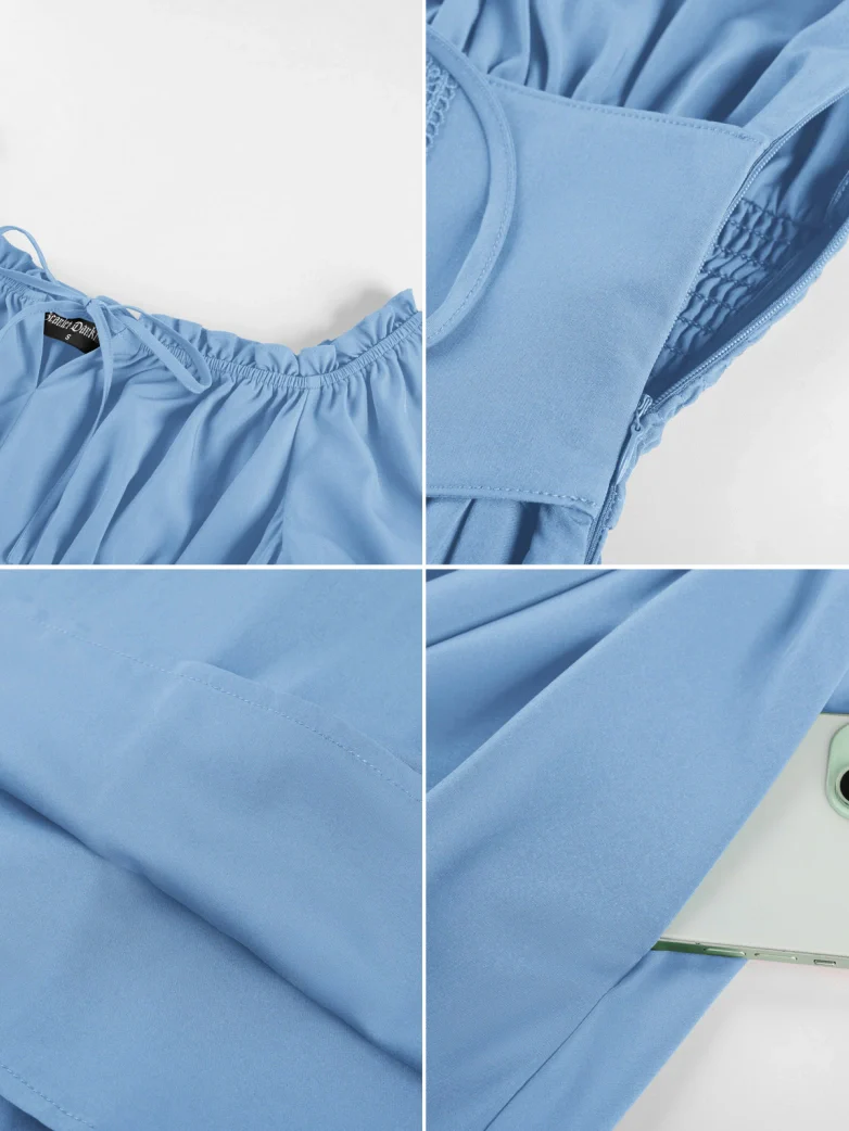 Renaissance Off Shoulder Waist Belt Pockets Dress - Image 26
