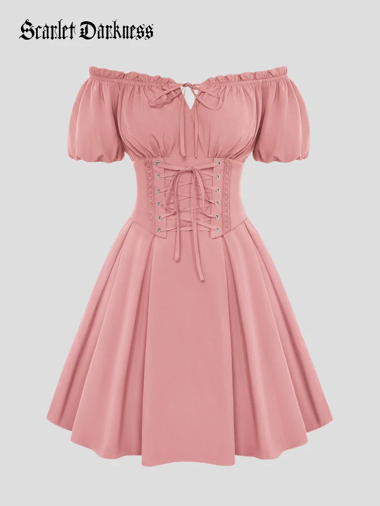 Renaissance Off Shoulder Waist Belt Pockets Dress - Image 27