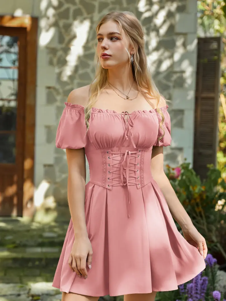 Renaissance Off Shoulder Waist Belt Pockets Dress - Image 28