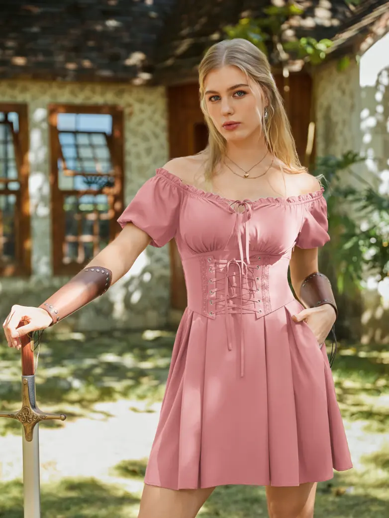 Renaissance Off Shoulder Waist Belt Pockets Dress - Image 29
