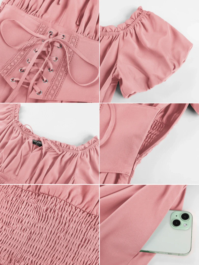 Renaissance Off Shoulder Waist Belt Pockets Dress - Image 30