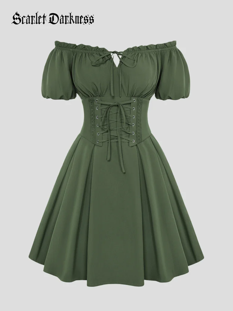 Renaissance Off Shoulder Waist Belt Pockets Dress - Image 32
