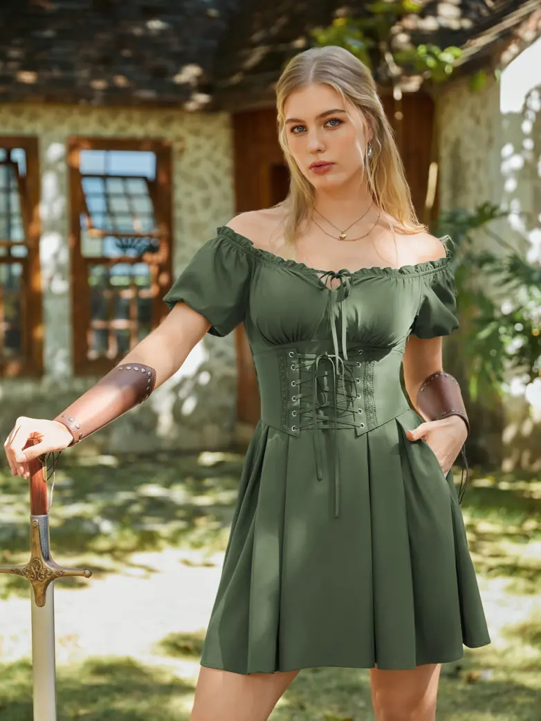 Renaissance Off Shoulder Waist Belt Pockets Dress - Image 33