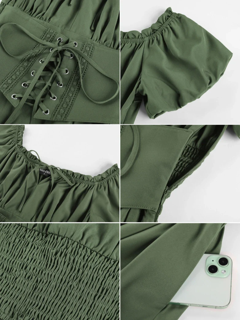 Renaissance Off Shoulder Waist Belt Pockets Dress - Image 36