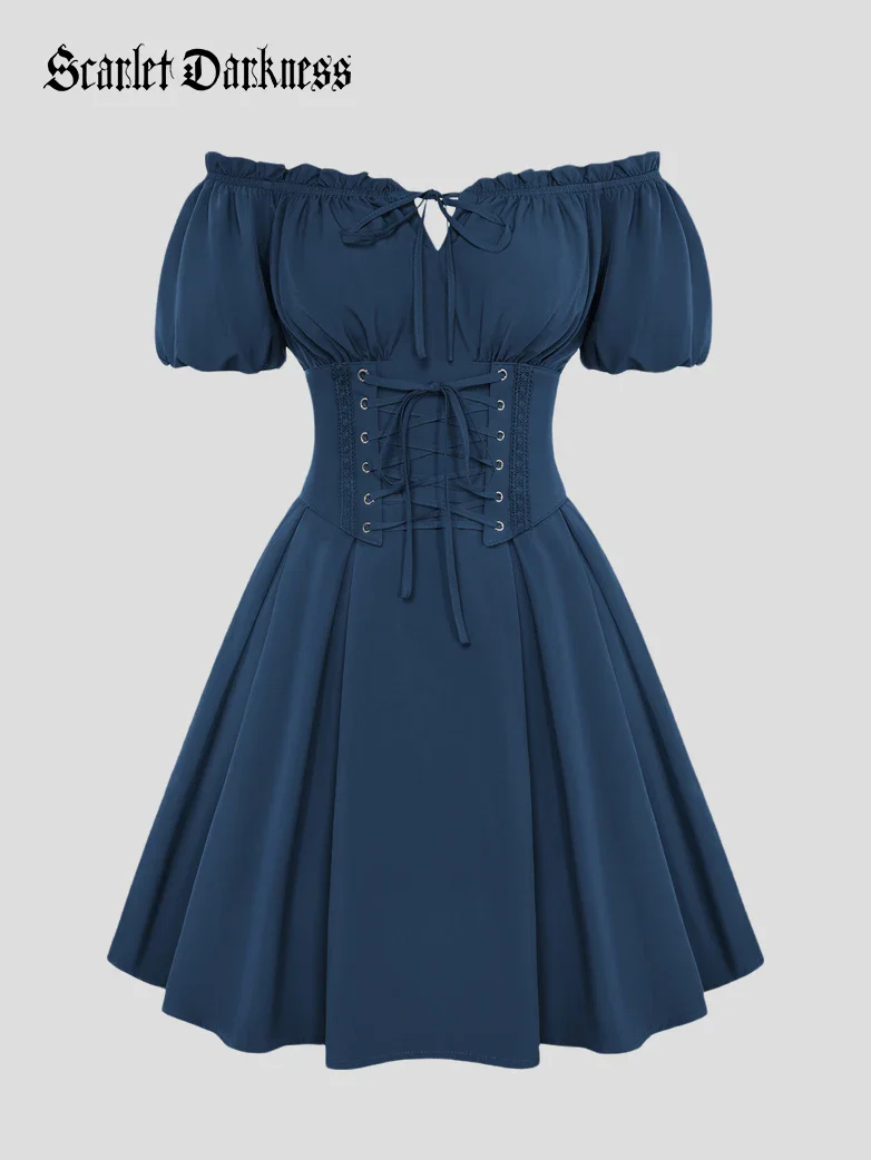 Renaissance Off Shoulder Waist Belt Pockets Dress - Image 37