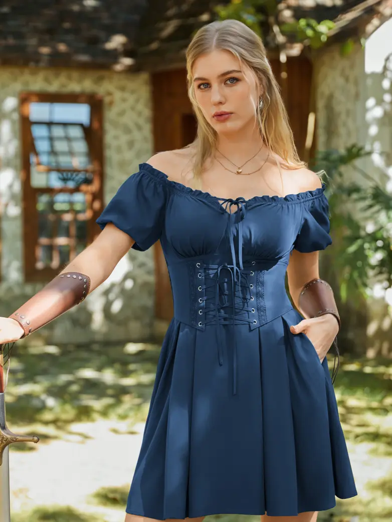 Renaissance Off Shoulder Waist Belt Pockets Dress - Image 38