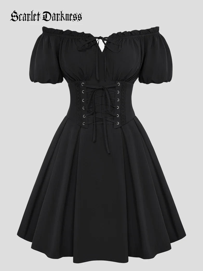 Renaissance Off Shoulder Waist Belt Pockets Dress - Image 4