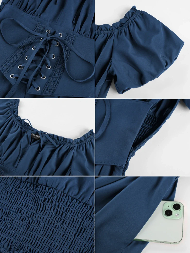 Renaissance Off Shoulder Waist Belt Pockets Dress - Image 41
