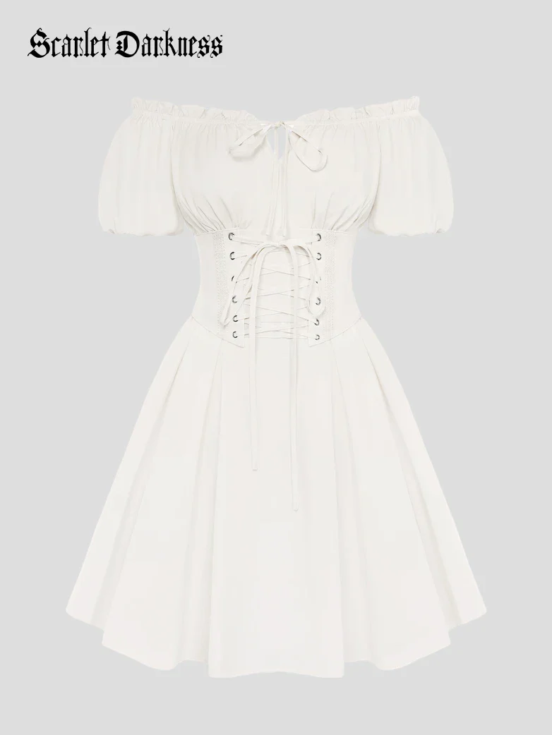 Renaissance Off Shoulder Waist Belt Pockets Dress - Image 42