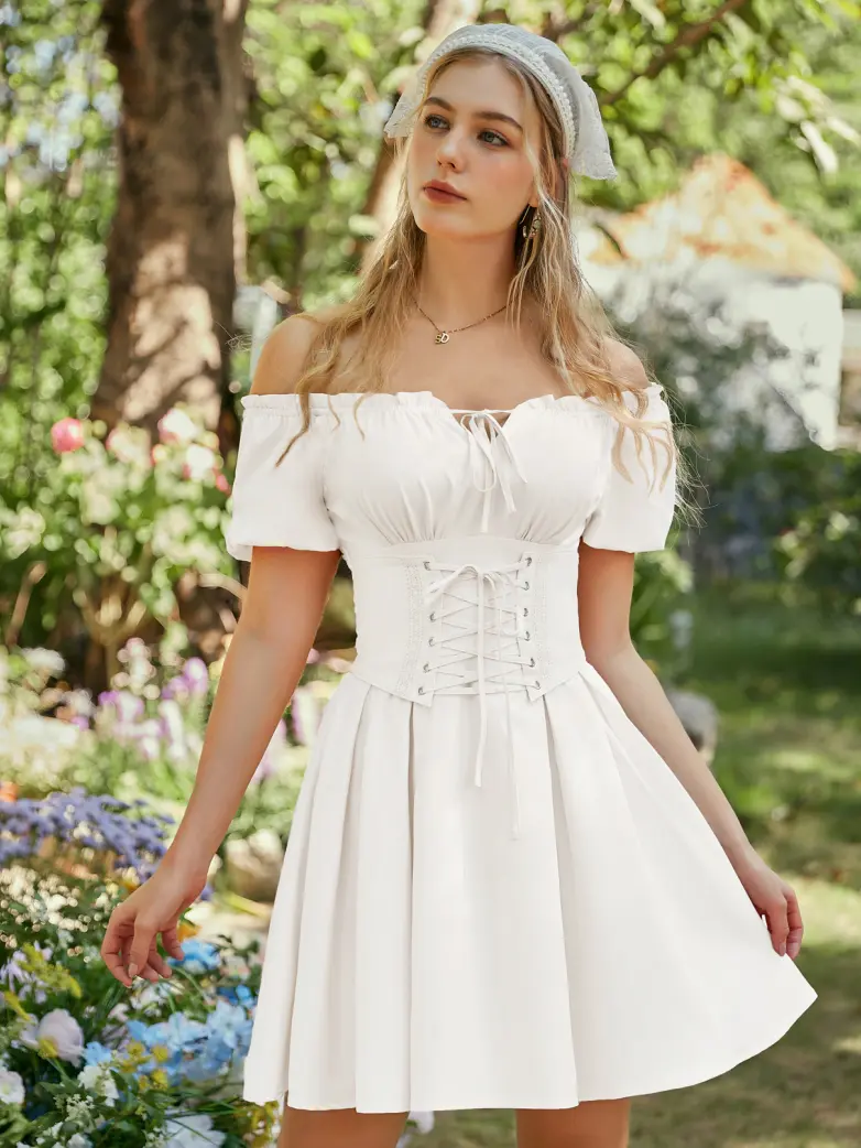 Renaissance Off Shoulder Waist Belt Pockets Dress - Image 43