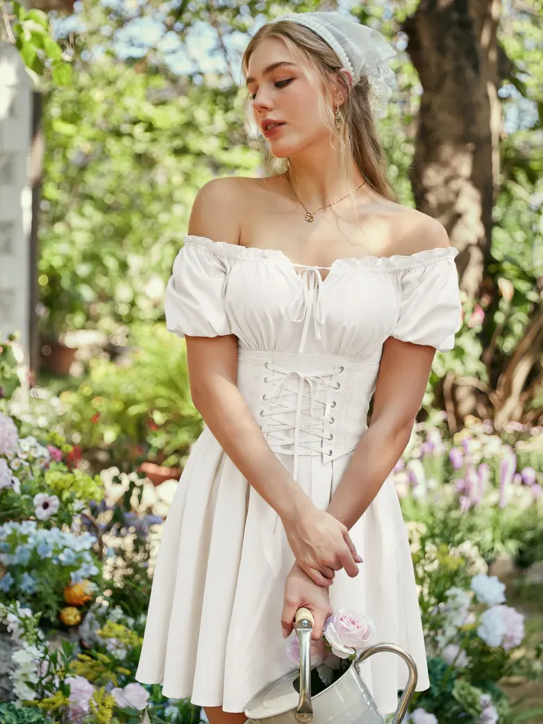 Renaissance Off Shoulder Waist Belt Pockets Dress - Image 44
