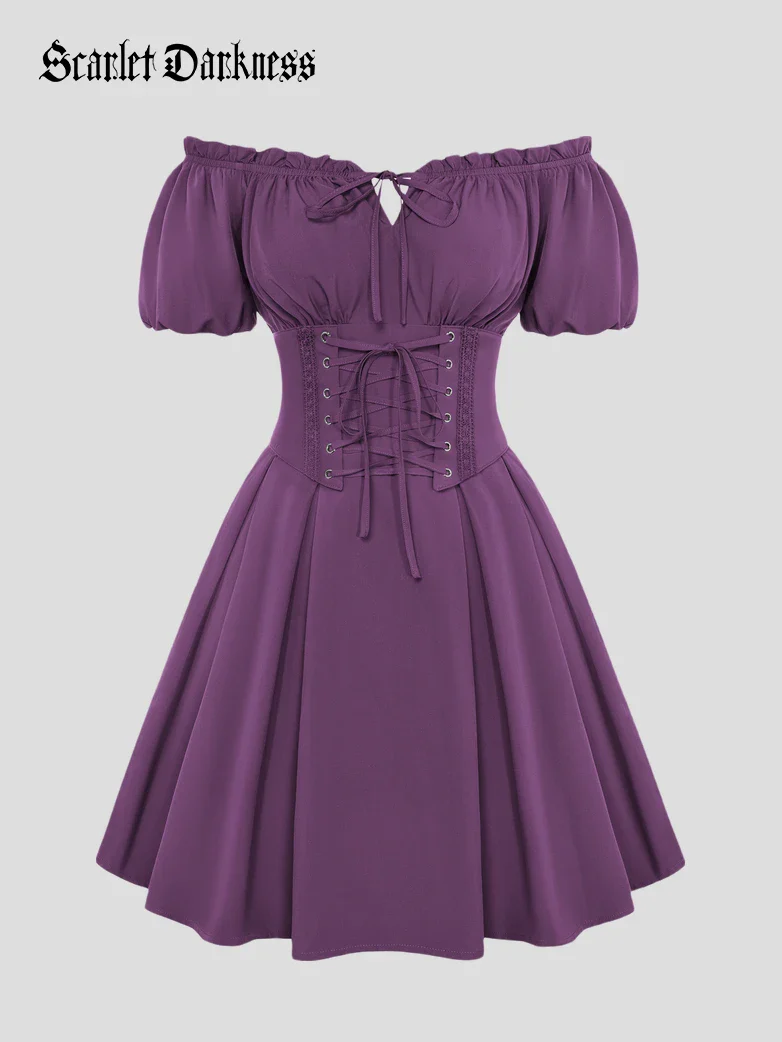 Renaissance Off Shoulder Waist Belt Pockets Dress - Image 46