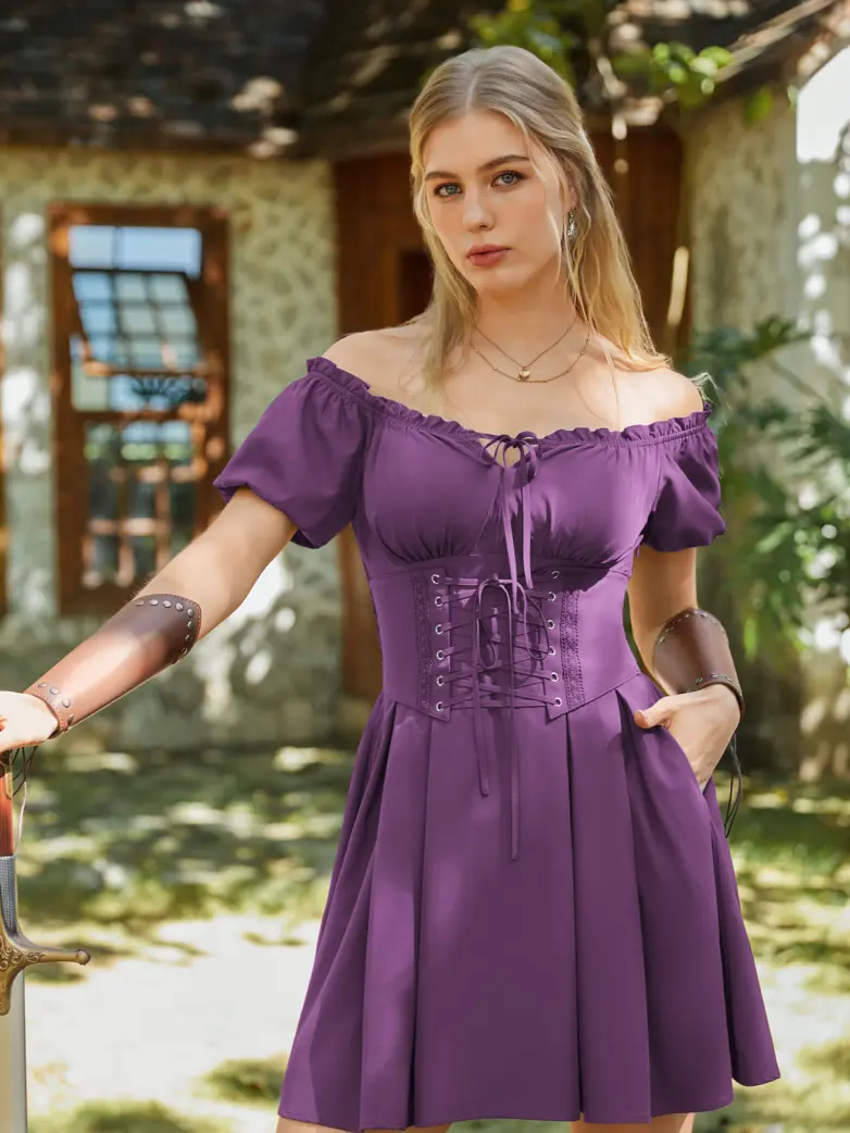 Renaissance Off Shoulder Waist Belt Pockets Dress - Image 47