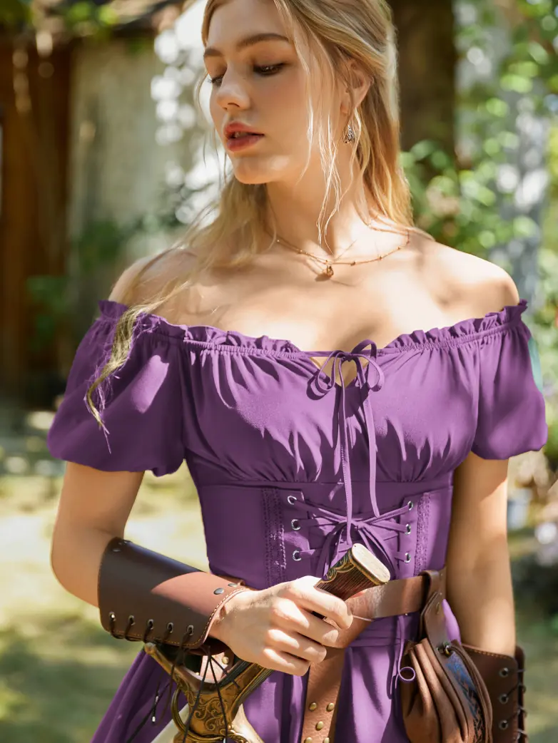 Renaissance Off Shoulder Waist Belt Pockets Dress - Image 48