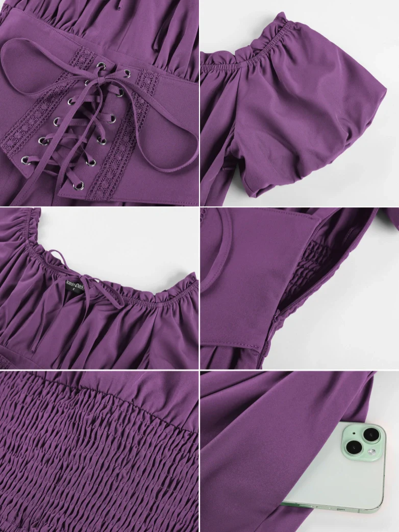 Renaissance Off Shoulder Waist Belt Pockets Dress - Image 50