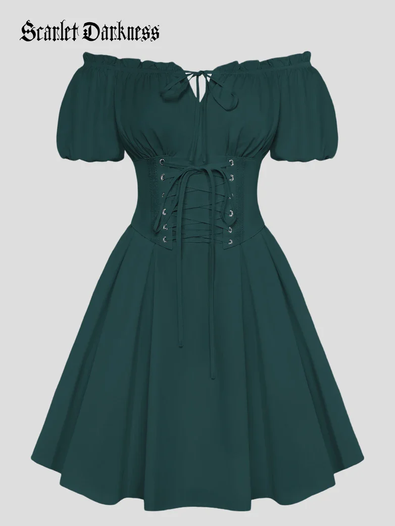 Renaissance Off Shoulder Waist Belt Pockets Dress - Image 51