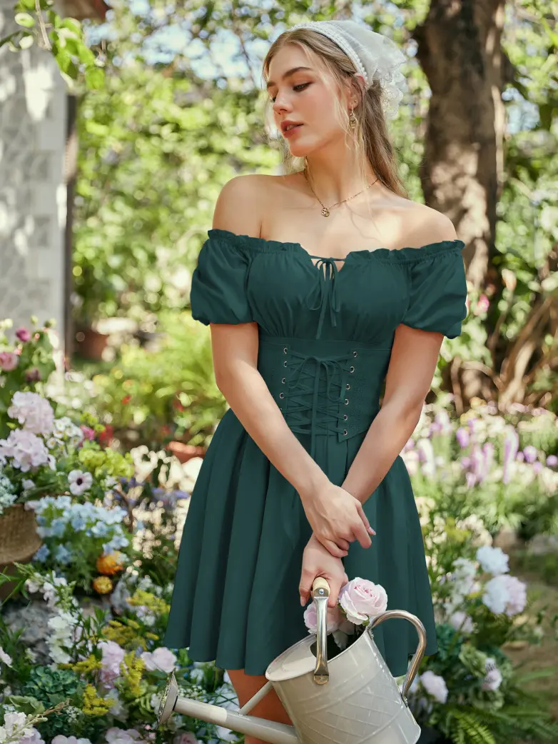 Renaissance Off Shoulder Waist Belt Pockets Dress - Image 53