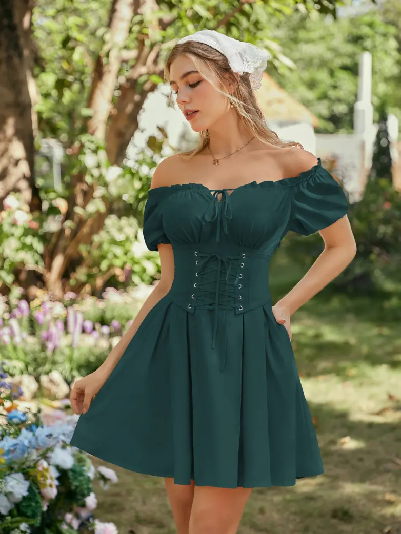 Renaissance Off Shoulder Waist Belt Pockets Dress - Image 54