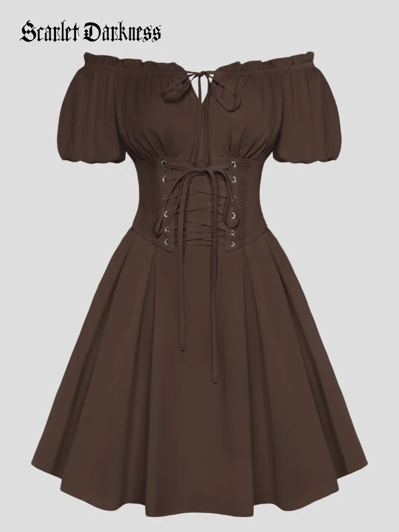 Renaissance Off Shoulder Waist Belt Pockets Dress - Image 57