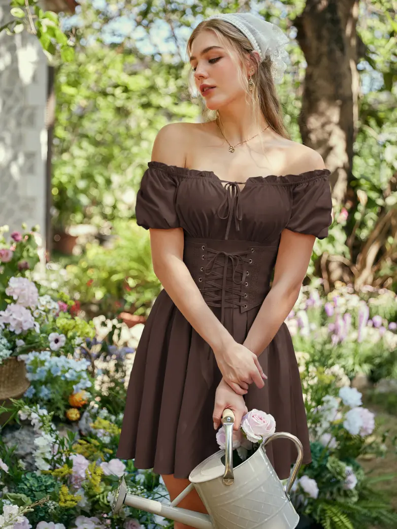 Renaissance Off Shoulder Waist Belt Pockets Dress - Image 58