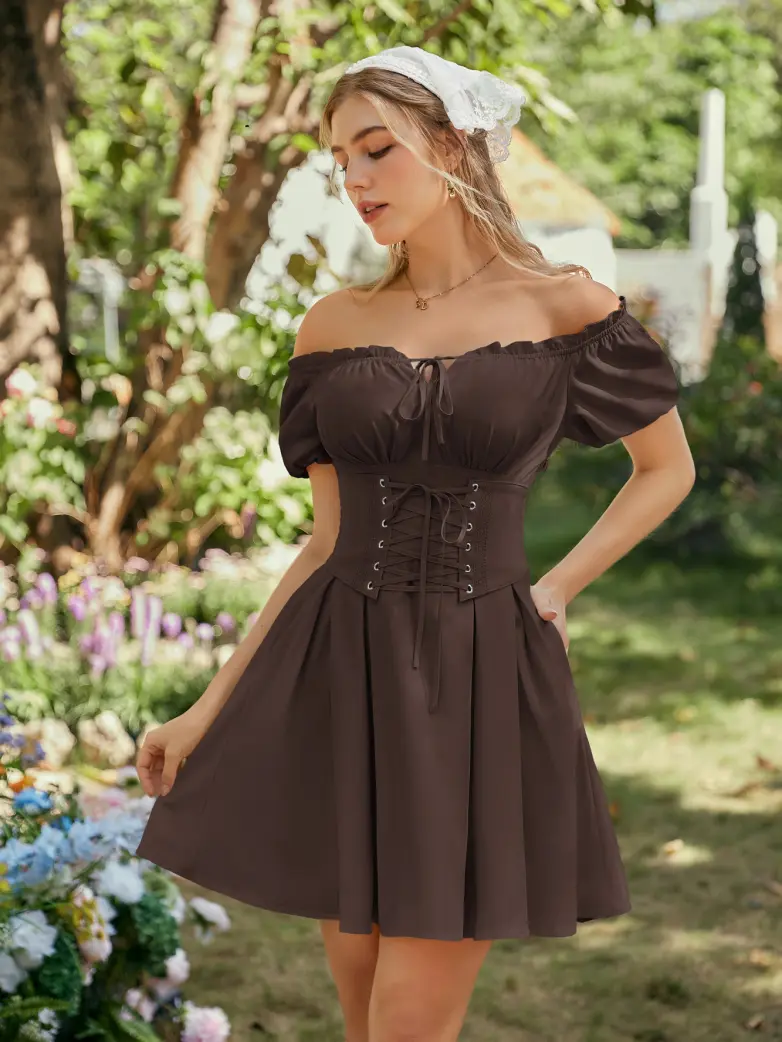 Renaissance Off Shoulder Waist Belt Pockets Dress - Image 59