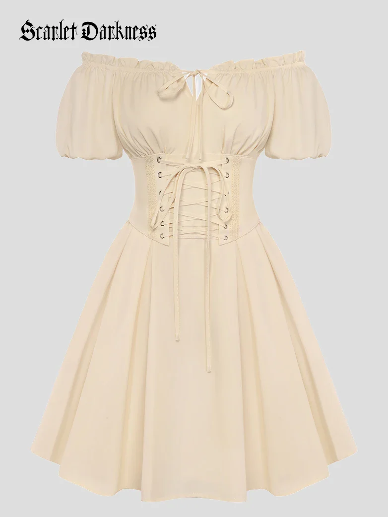 Renaissance Off Shoulder Waist Belt Pockets Dress - Image 6