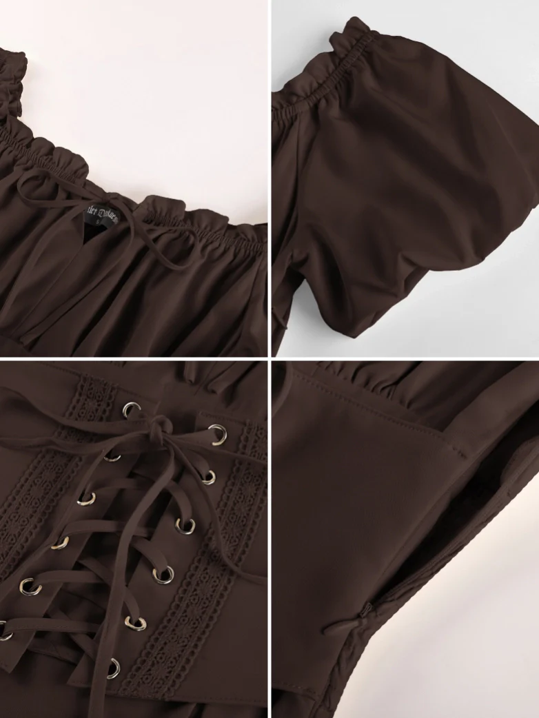 Renaissance Off Shoulder Waist Belt Pockets Dress - Image 61
