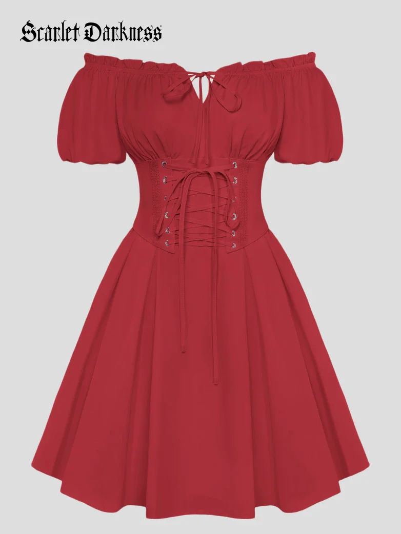 Renaissance Off Shoulder Waist Belt Pockets Dress - Image 63