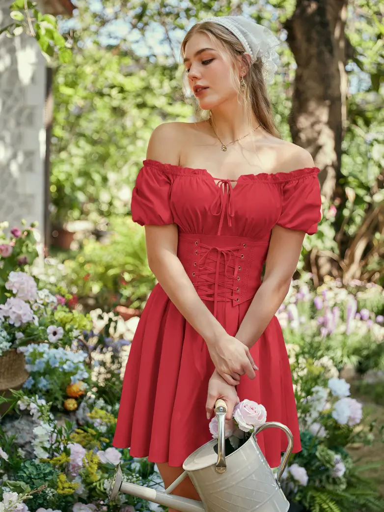 Renaissance Off Shoulder Waist Belt Pockets Dress - Image 64