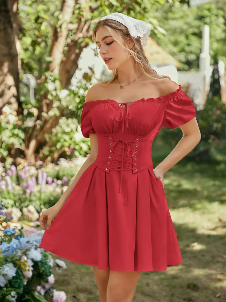 Renaissance Off Shoulder Waist Belt Pockets Dress - Image 65
