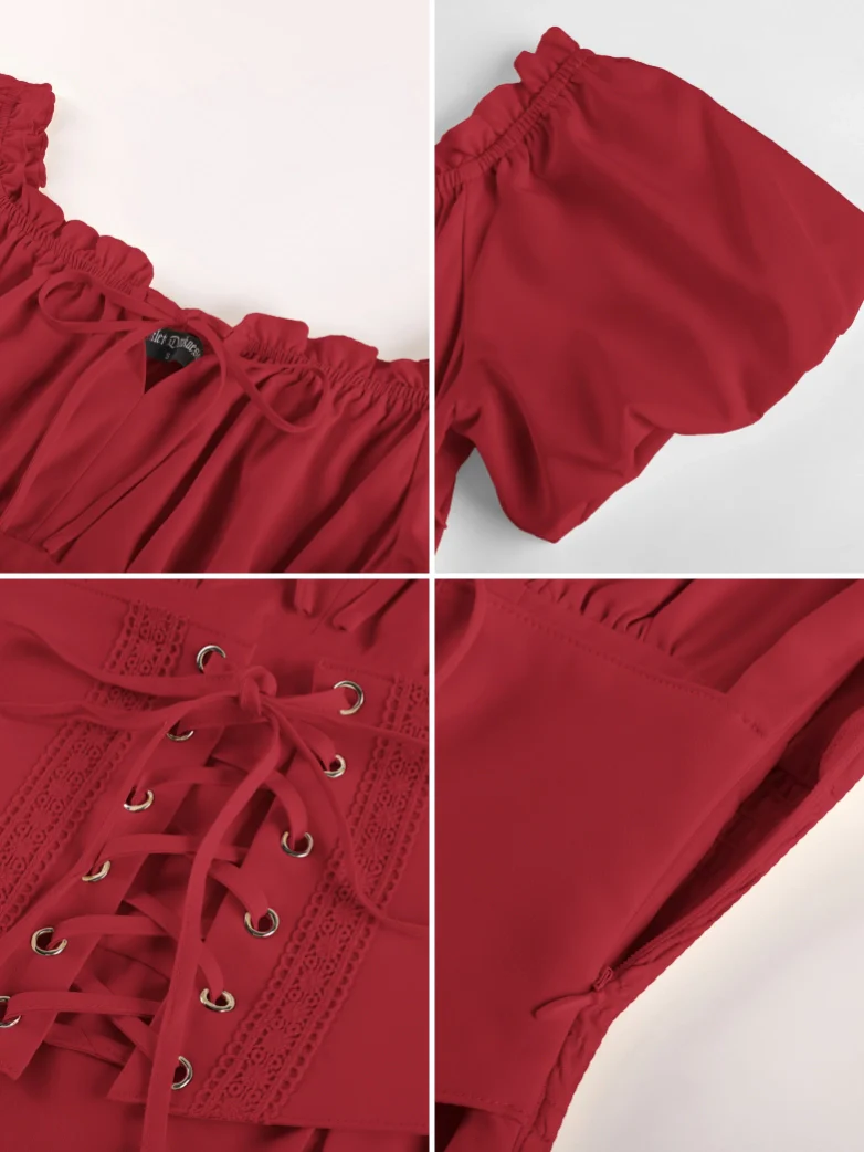 Renaissance Off Shoulder Waist Belt Pockets Dress - Image 67