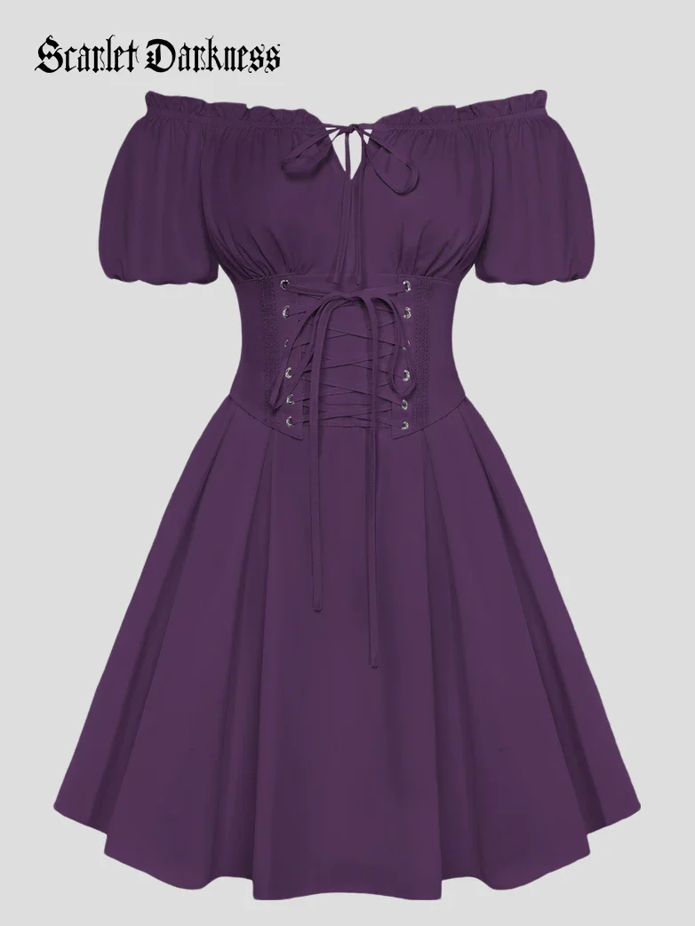 Renaissance Off Shoulder Waist Belt Pockets Dress - Image 69